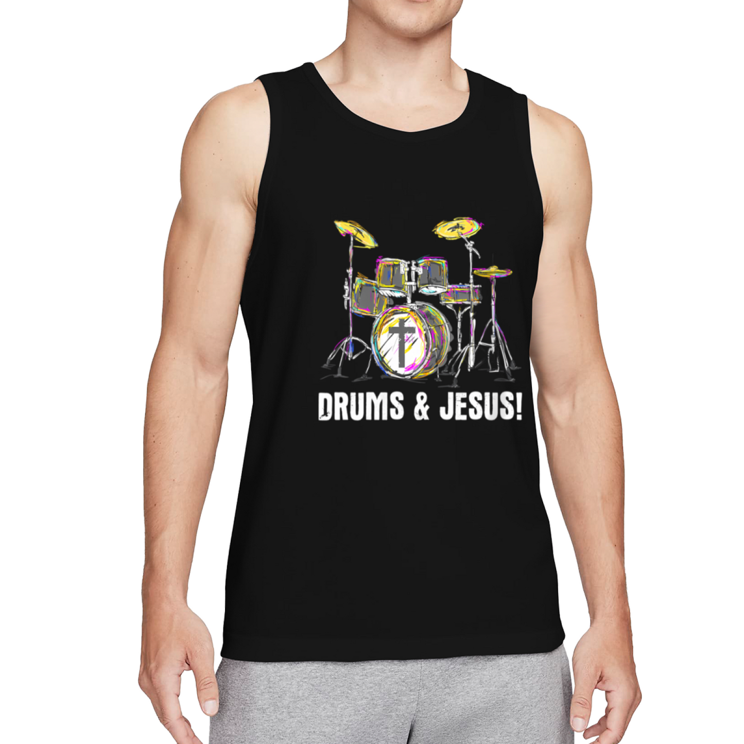 Colorful Drums & Jesus Christian Drummer Graphic Tank Top
