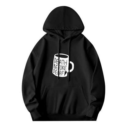 Death Before Decaf Coffee Mug Black Hoodie, Ultra Comfort Coffee Lover Pullover