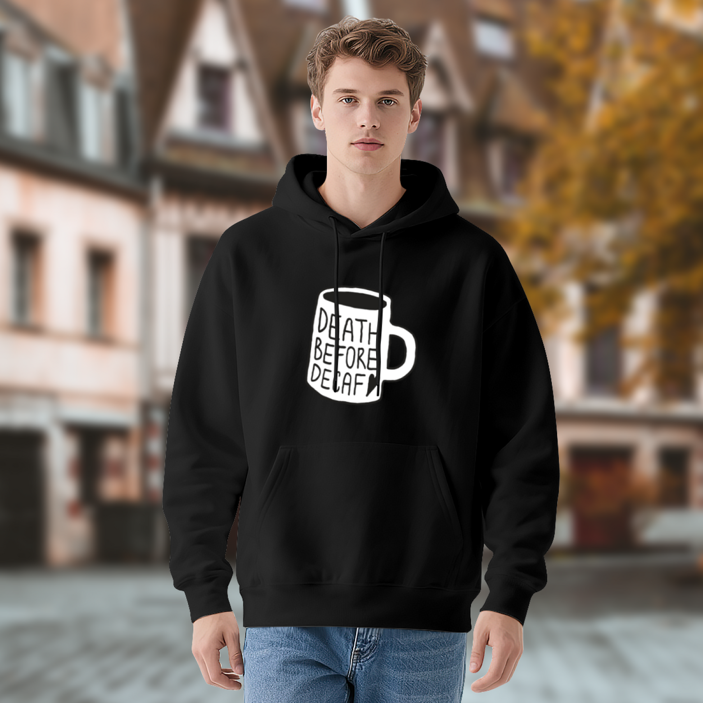 Death Before Decaf Coffee Mug Black Hoodie, Ultra Comfort Coffee Lover Pullover