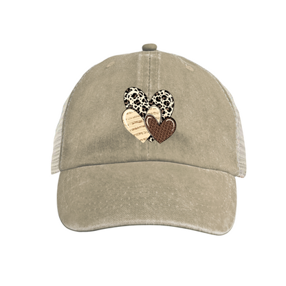Leopard Print Stacked Hearts Distressed Trucker Hat, Boho Cute Mesh Back Cap