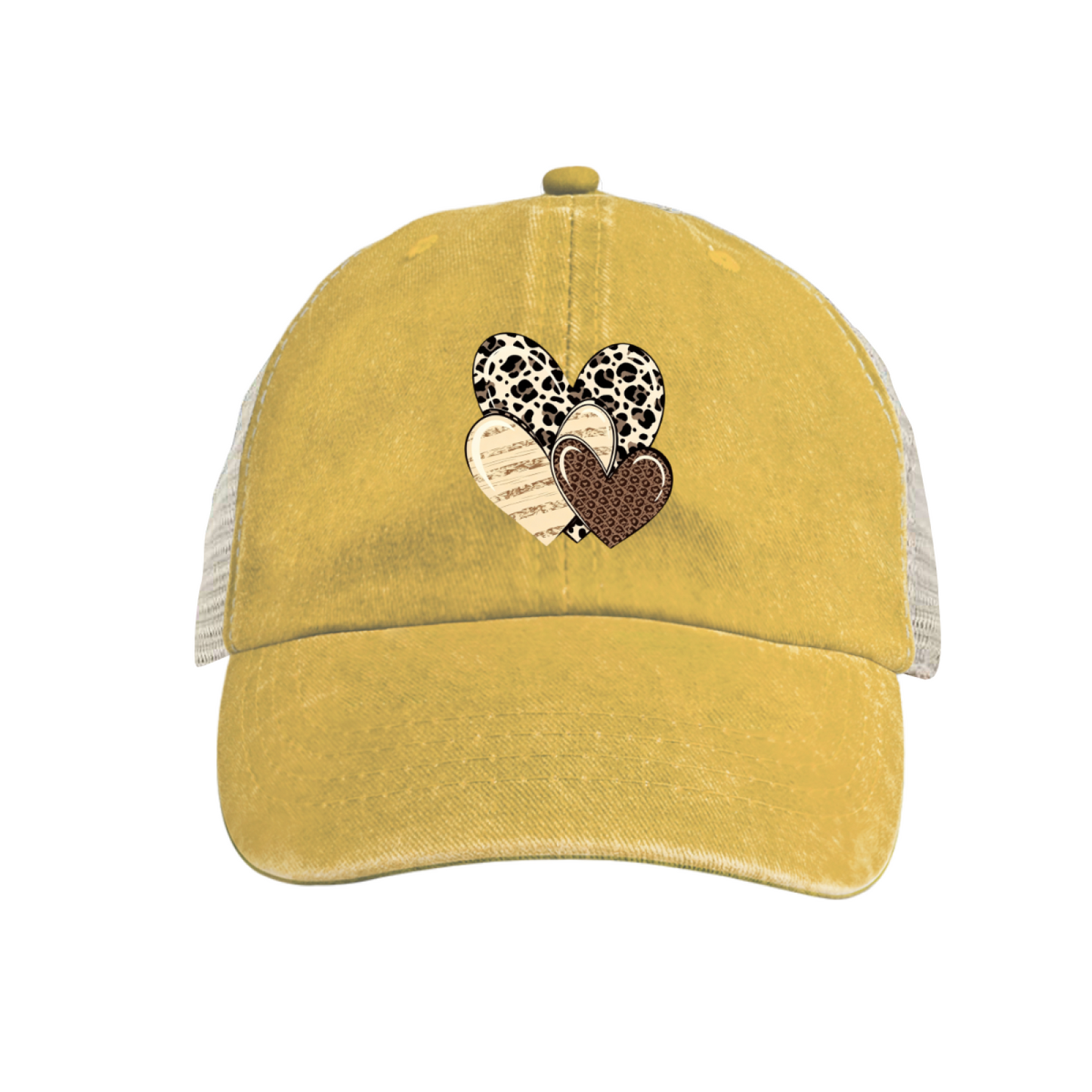 Leopard Print Stacked Hearts Distressed Trucker Hat, Boho Cute Mesh Back Cap