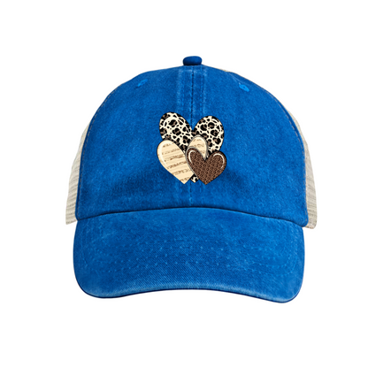 Leopard Print Stacked Hearts Distressed Trucker Hat, Boho Cute Mesh Back Cap
