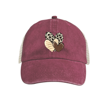 Leopard Print Stacked Hearts Distressed Trucker Hat, Boho Cute Mesh Back Cap