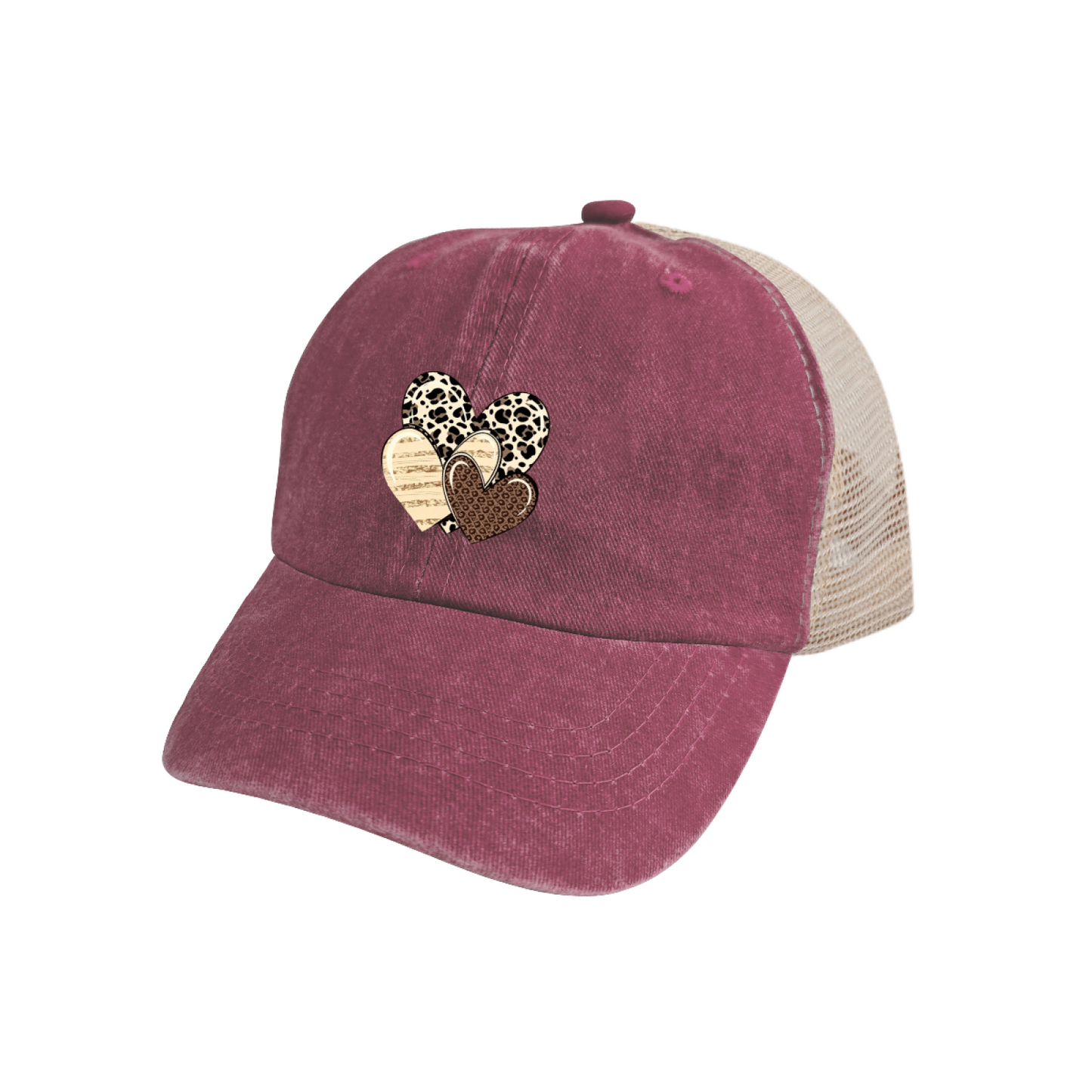 Leopard Print Stacked Hearts Distressed Trucker Hat, Boho Cute Mesh Back Cap
