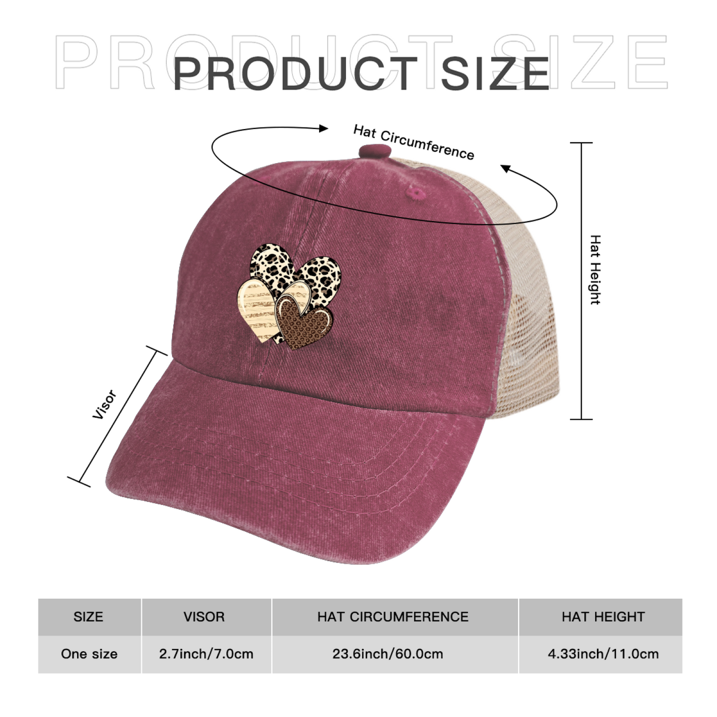 Leopard Print Stacked Hearts Distressed Trucker Hat, Boho Cute Mesh Back Cap
