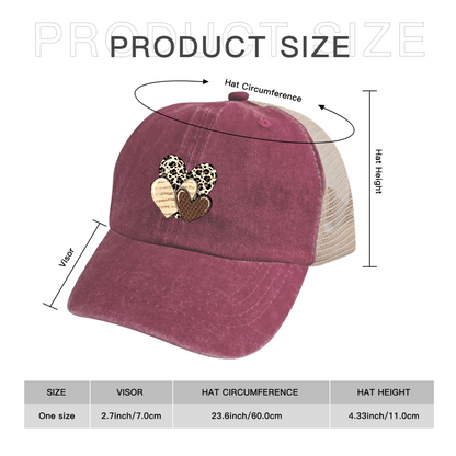 Leopard Print Stacked Hearts Distressed Trucker Hat, Boho Cute Mesh Back Cap