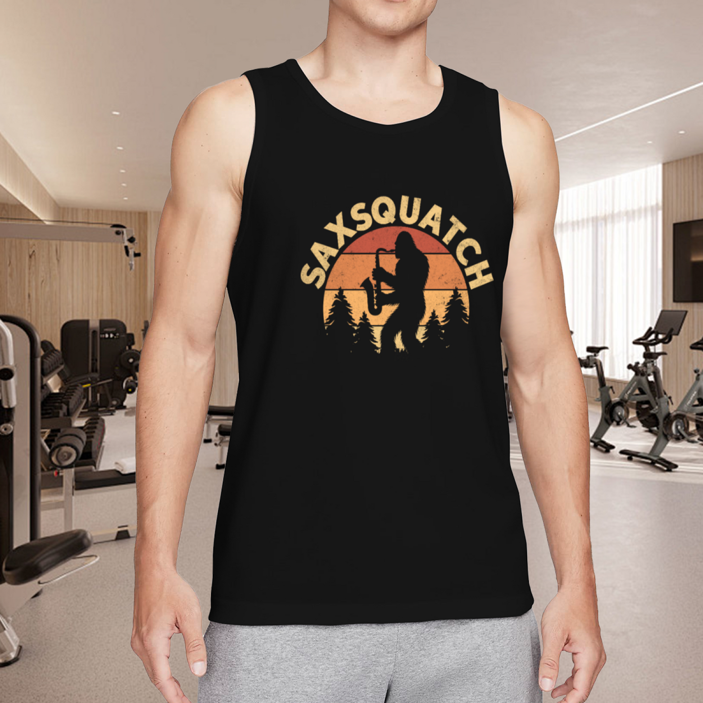 Saxsquatch Retro Sunset Bigfoot Playing Saxophone Funny Tank