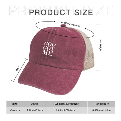 God Got Me Vertical Text Burgundy Distressed Mesh Faith Christian Cap