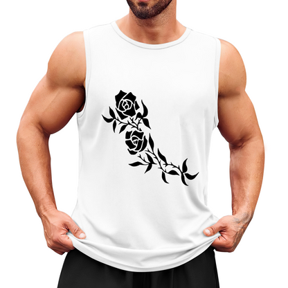 Minimal Black Thorn Rose Branch Tattoo Style Men Tank Top