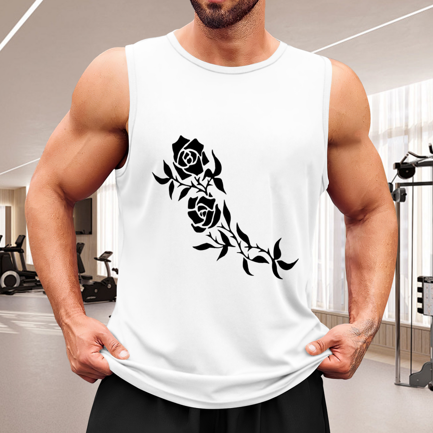 Minimal Black Thorn Rose Branch Tattoo Style Men Tank Top