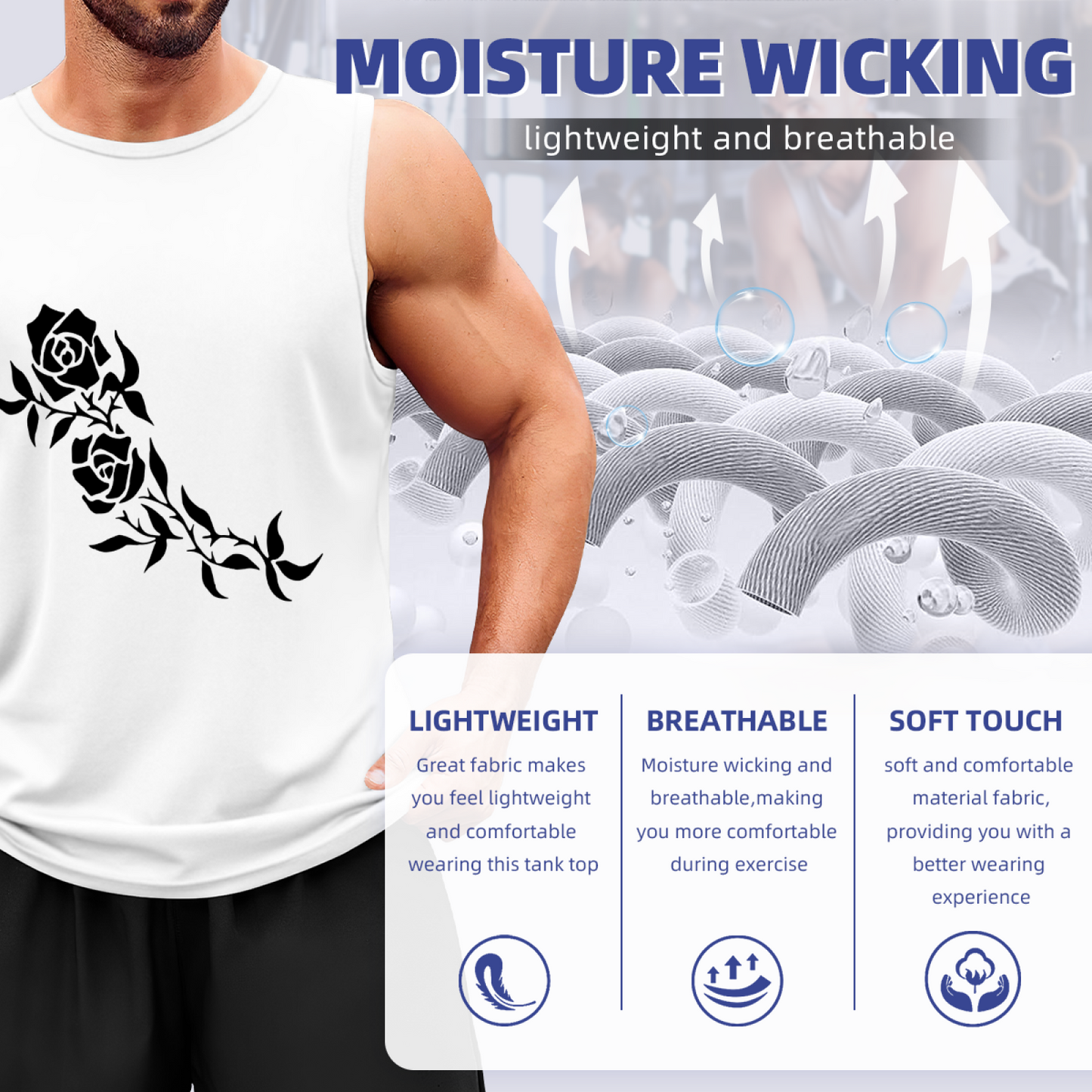Minimal Black Thorn Rose Branch Tattoo Style Men Tank Top