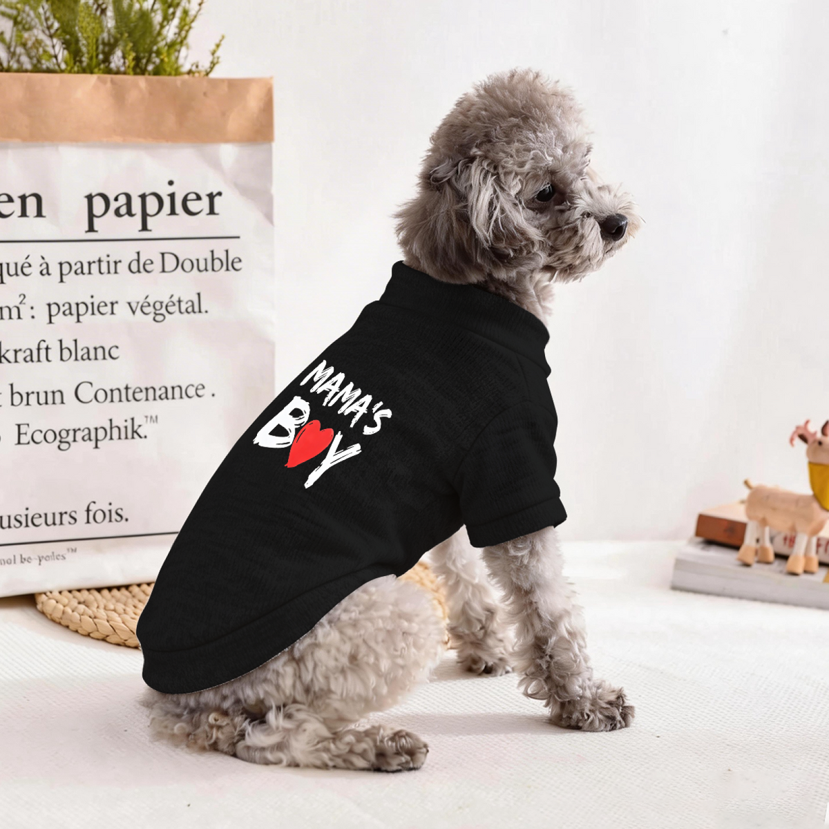 MAMA'S BOY Red Heart Brush Font Dog Black Sweater