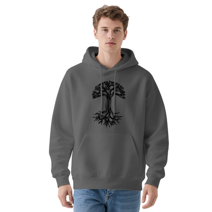 Minimal Tree Of Life Black Line White Hoodie, Cozy Simple Graphic Unisex Top