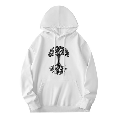 Minimal Tree Of Life Black Line White Hoodie, Cozy Simple Graphic Unisex Top