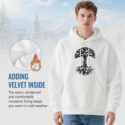 Minimal Tree Of Life Black Line White Hoodie, Cozy Simple Graphic Unisex Top