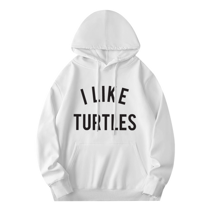 Simple I Like Turtles Text White Hoodie, Minimal Cute Soft Casual Pullover