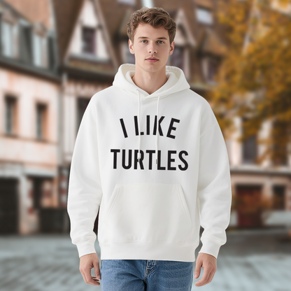 Simple I Like Turtles Text White Hoodie, Minimal Cute Soft Casual Pullover