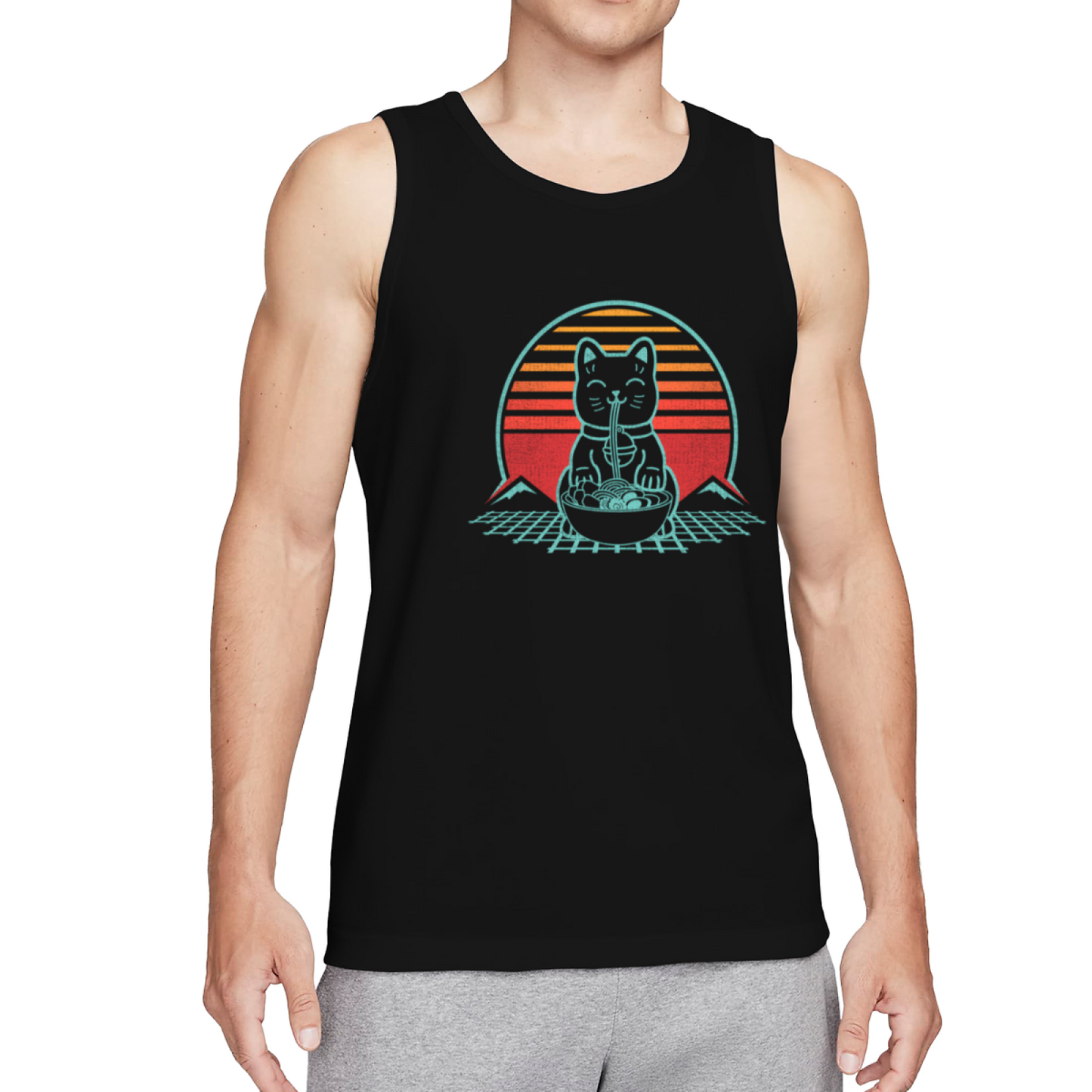 Retro Vaporwave Ramen Cat Fuji Mountain Graphic Men Tank Top