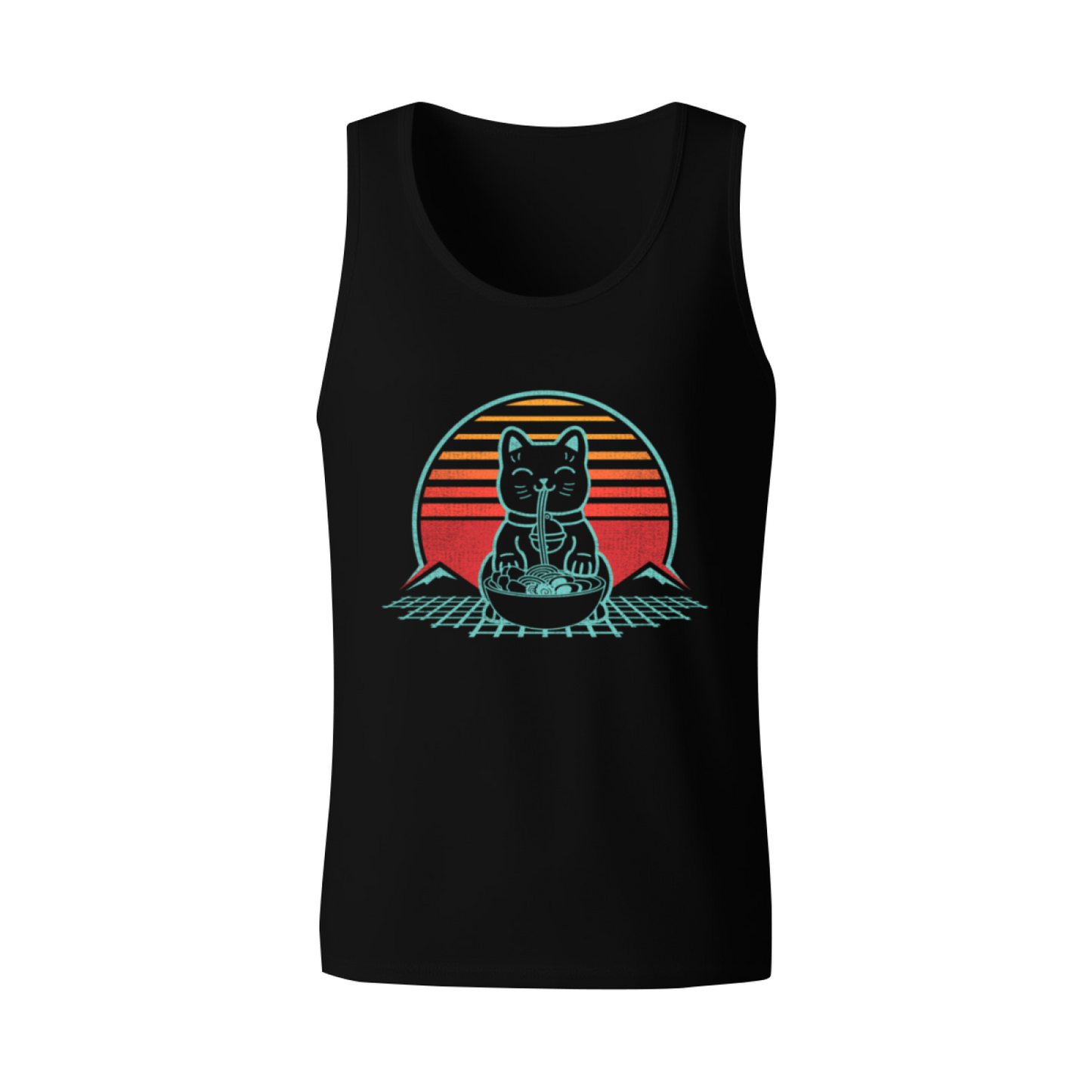 Retro Vaporwave Ramen Cat Fuji Mountain Graphic Men Tank Top