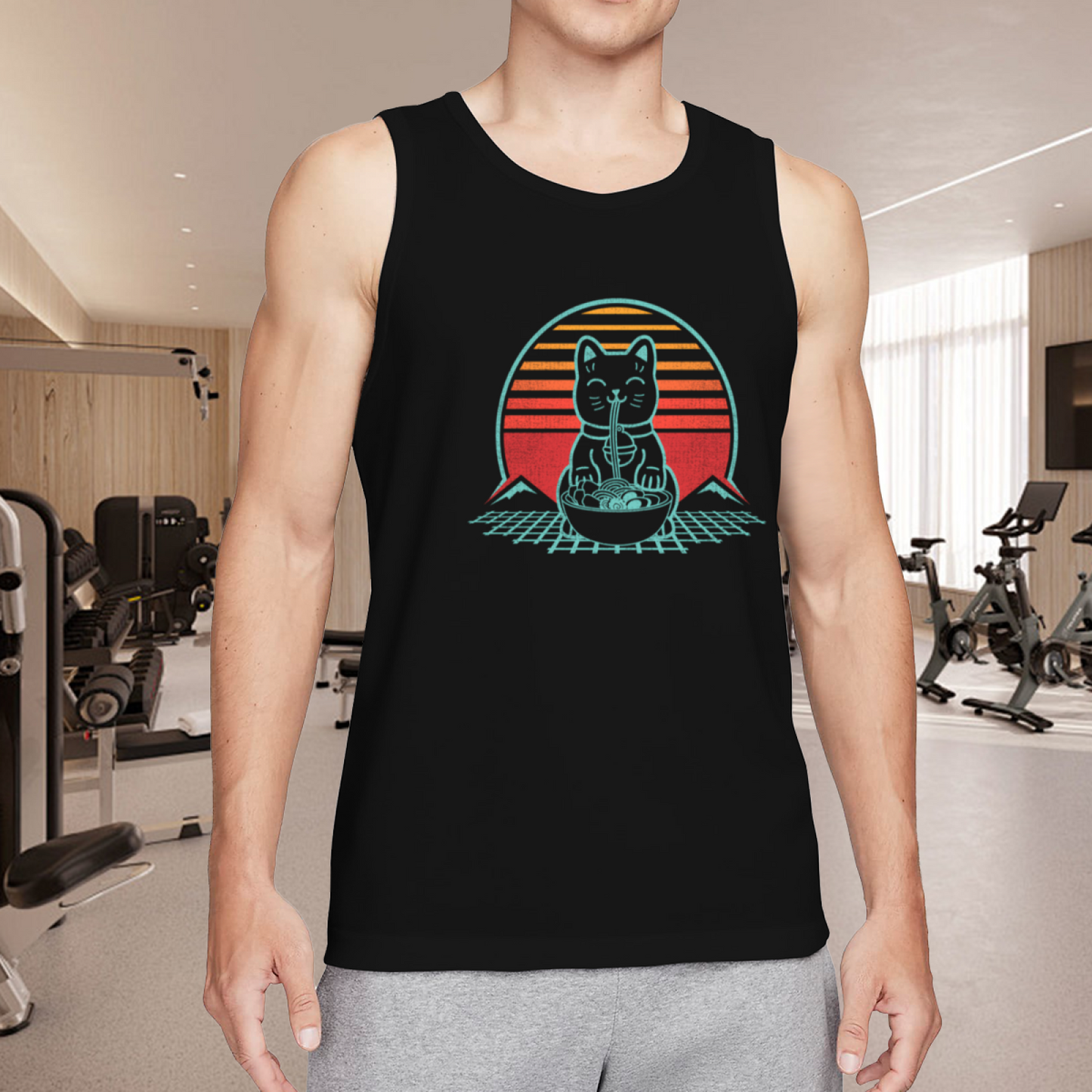 Retro Vaporwave Ramen Cat Fuji Mountain Graphic Men Tank Top