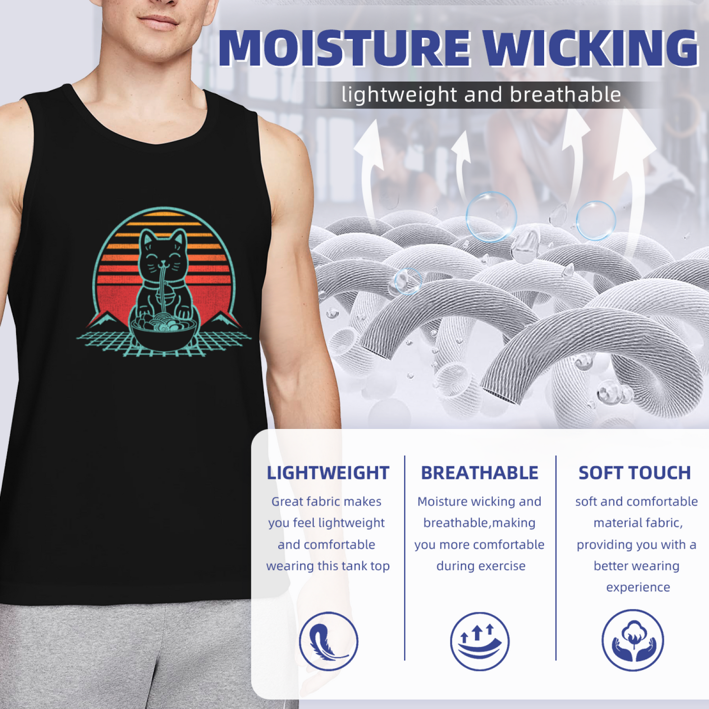 Retro Vaporwave Ramen Cat Fuji Mountain Graphic Men Tank Top