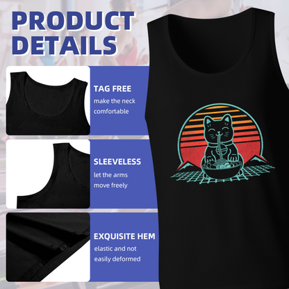 Retro Vaporwave Ramen Cat Fuji Mountain Graphic Men Tank Top