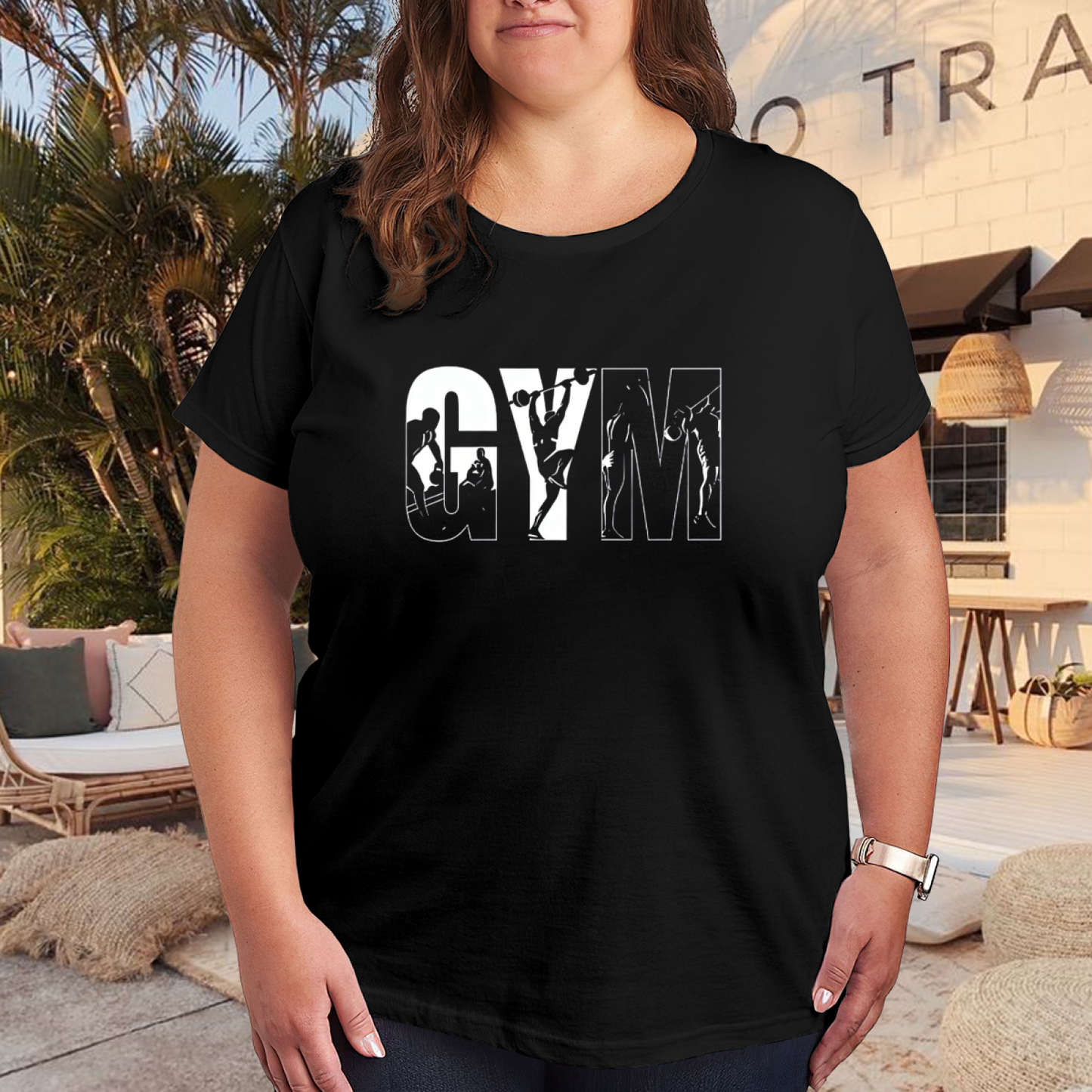 Cool GYM Letter Fitness Silhouette Workout Plus Size Women Printed T-Shirt