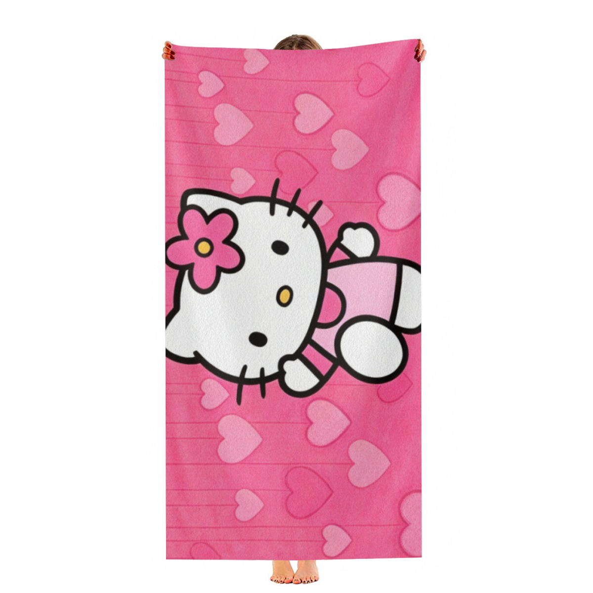 Cute Pink Heart Hello Kitty Cartoon Beach Towel, All Length Options, Baby?Soft Texture, Quick Water Absorbing & Warm Comfort for Kids Summer Swimming