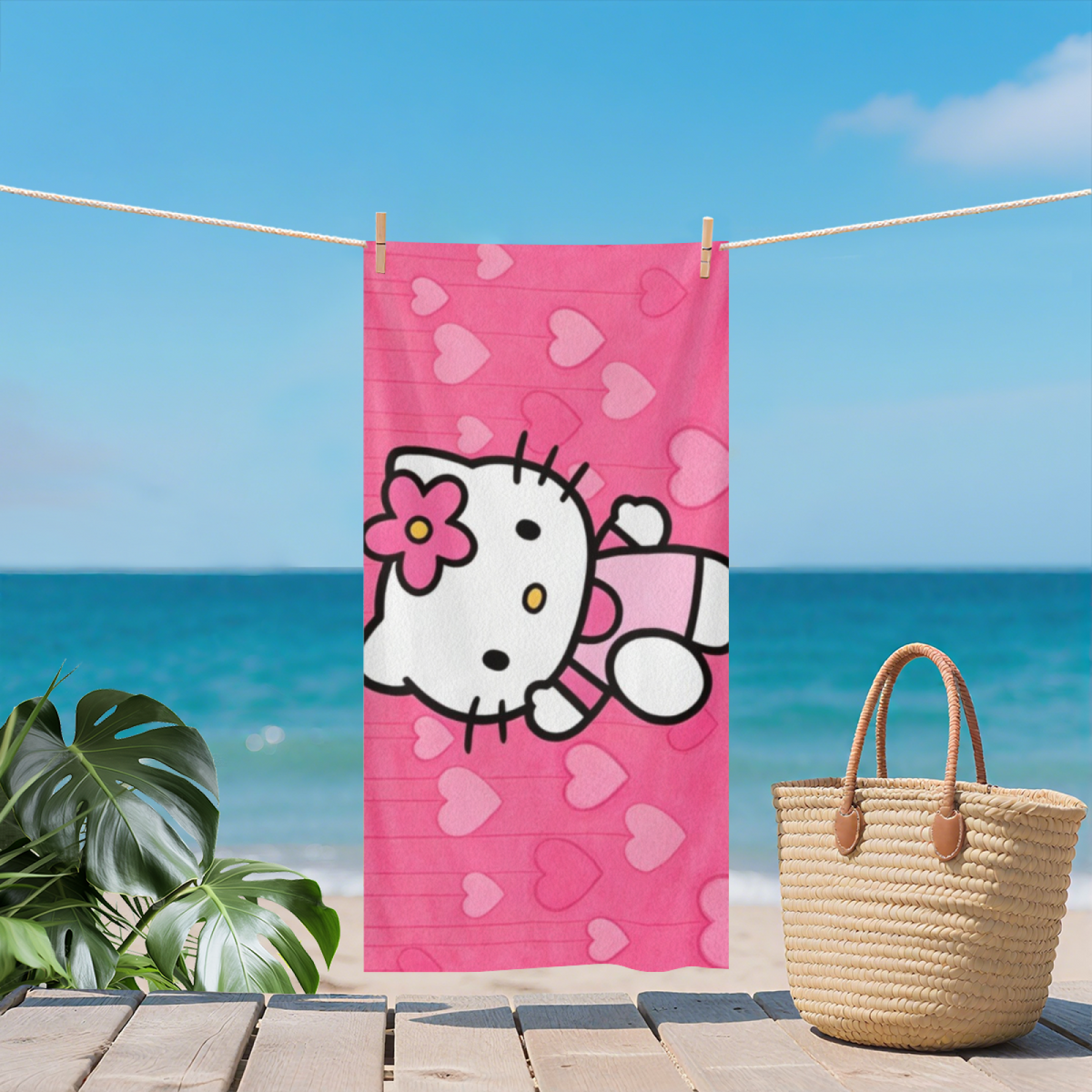 Cute Pink Heart Hello Kitty Cartoon Beach Towel, All Length Options, Baby?Soft Texture, Quick Water Absorbing & Warm Comfort for Kids Summer Swimming