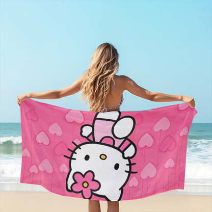Cute Pink Heart Hello Kitty Cartoon Beach Towel, All Length Options, Baby?Soft Texture, Quick Water Absorbing & Warm Comfort for Kids Summer Swimming