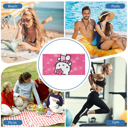 Cute Pink Heart Hello Kitty Cartoon Beach Towel, All Length Options, Baby?Soft Texture, Quick Water Absorbing & Warm Comfort for Kids Summer Swimming