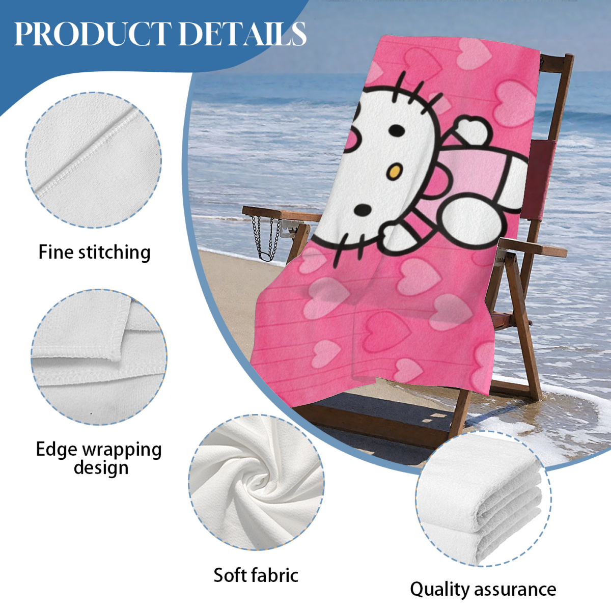 Cute Pink Heart Hello Kitty Cartoon Beach Towel, All Length Options, Baby?Soft Texture, Quick Water Absorbing & Warm Comfort for Kids Summer Swimming