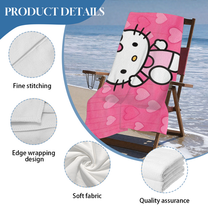 Cute Pink Heart Hello Kitty Cartoon Beach Towel, All Length Options, Baby?Soft Texture, Quick Water Absorbing & Warm Comfort for Kids Summer Swimming