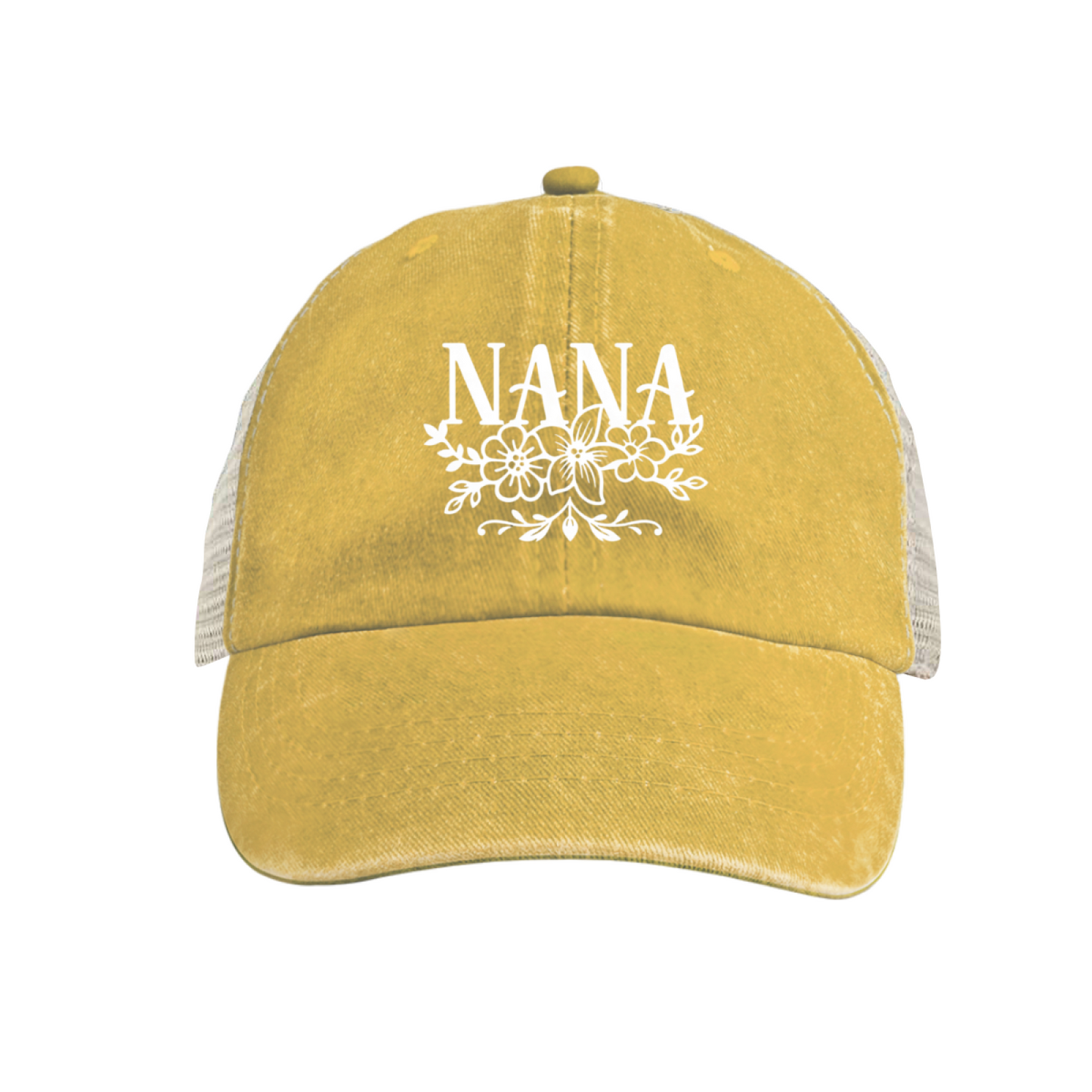 Floral NANA Letter Maroon Washed Mesh Trucker Hat Grandma Soft Vintage Cap
