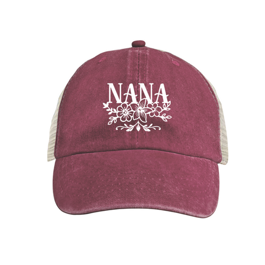 Floral NANA Letter Maroon Washed Mesh Trucker Hat Grandma Soft Vintage Cap