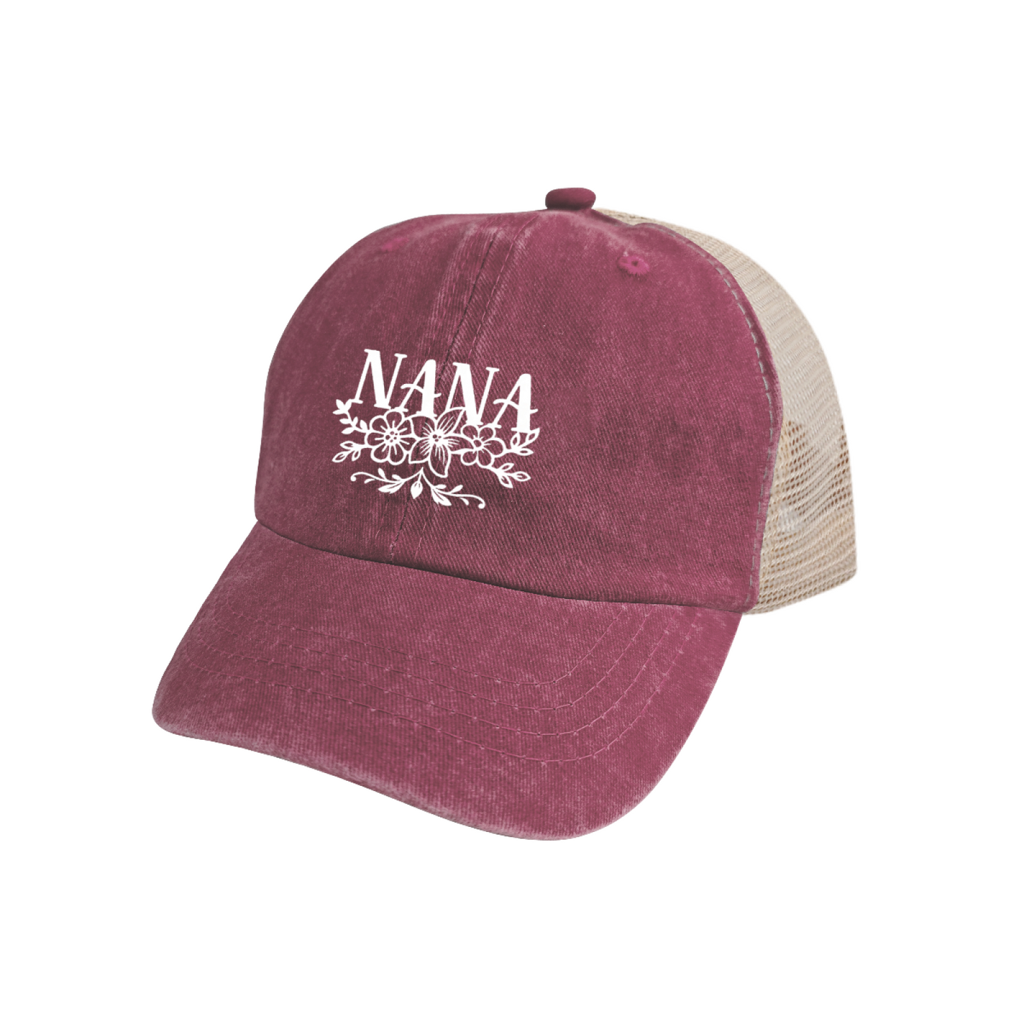 Floral NANA Letter Maroon Washed Mesh Trucker Hat Grandma Soft Vintage Cap