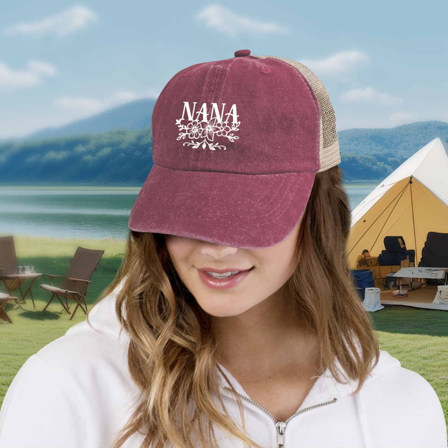 Floral NANA Letter Maroon Washed Mesh Trucker Hat Grandma Soft Vintage Cap
