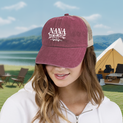 Floral NANA Letter Maroon Washed Mesh Trucker Hat Grandma Soft Vintage Cap