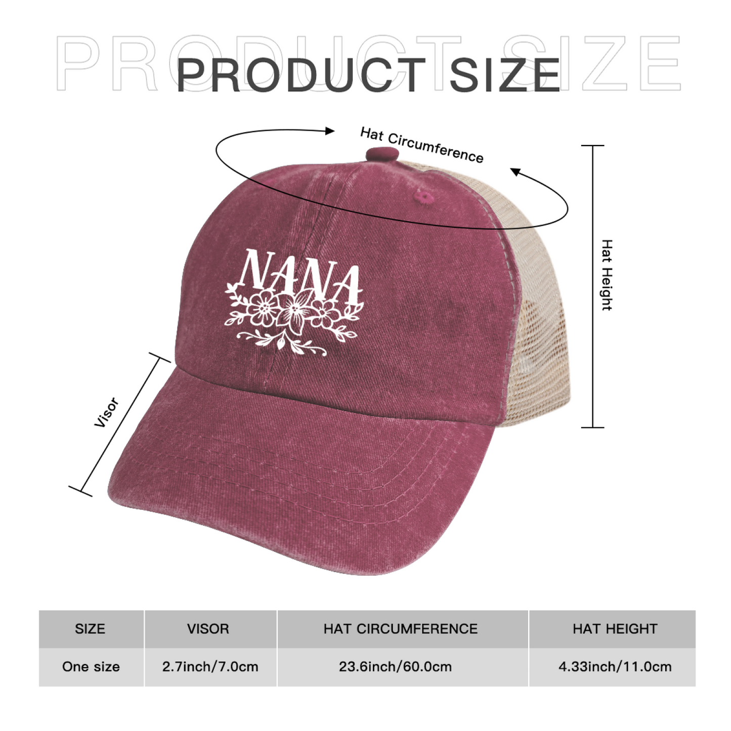 Floral NANA Letter Maroon Washed Mesh Trucker Hat Grandma Soft Vintage Cap