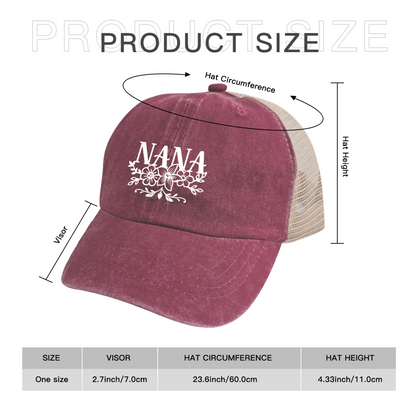 Floral NANA Letter Maroon Washed Mesh Trucker Hat Grandma Soft Vintage Cap