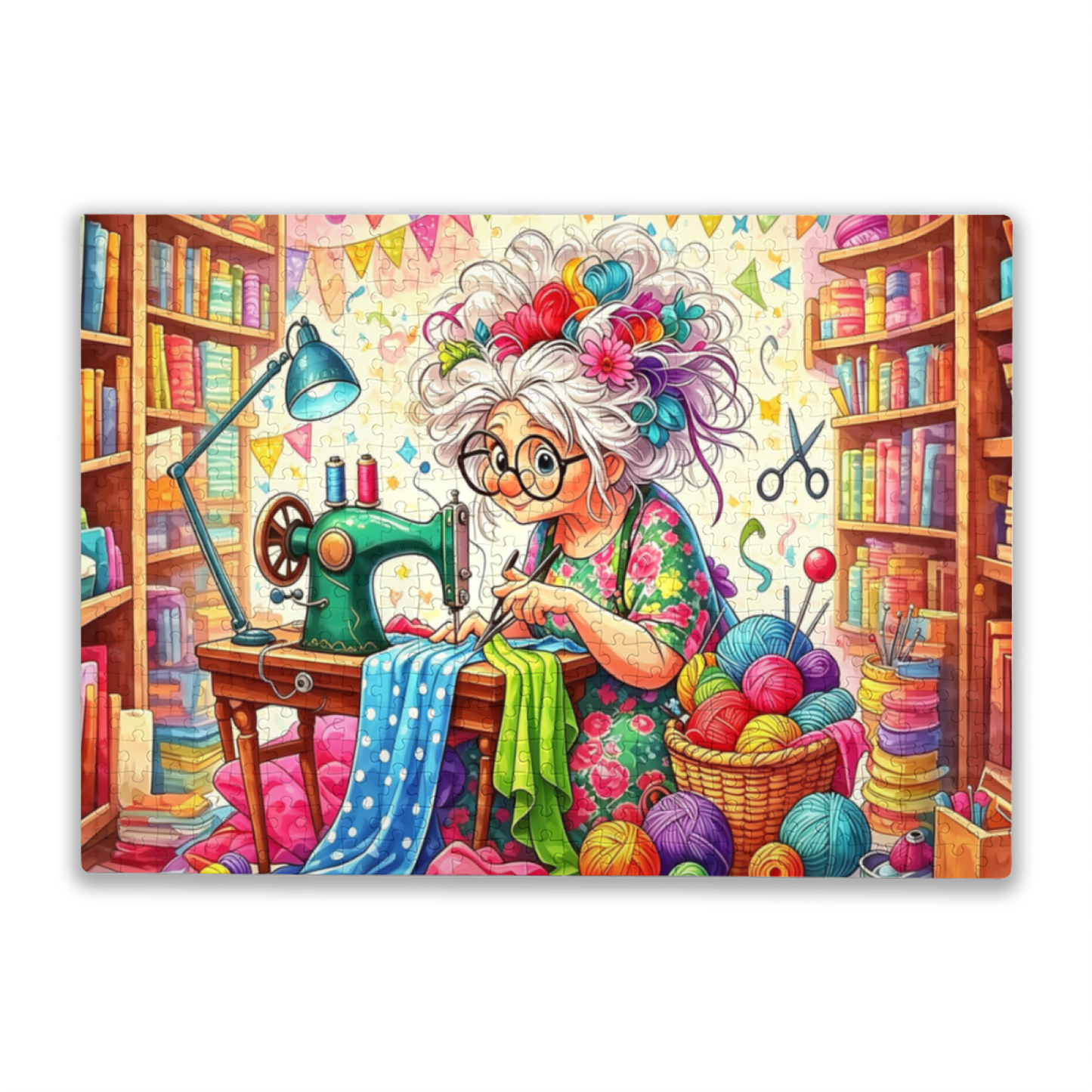 Whimsical Grandma Tailor Sewing Craft Room Jigsaw Puzzle | Colorful Yarn Vintage Sewing Cartoon Puzzle 300/500/1000pcs