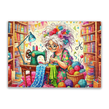 Whimsical Grandma Tailor Sewing Craft Room Jigsaw Puzzle | Colorful Yarn Vintage Sewing Cartoon Puzzle 300/500/1000pcs