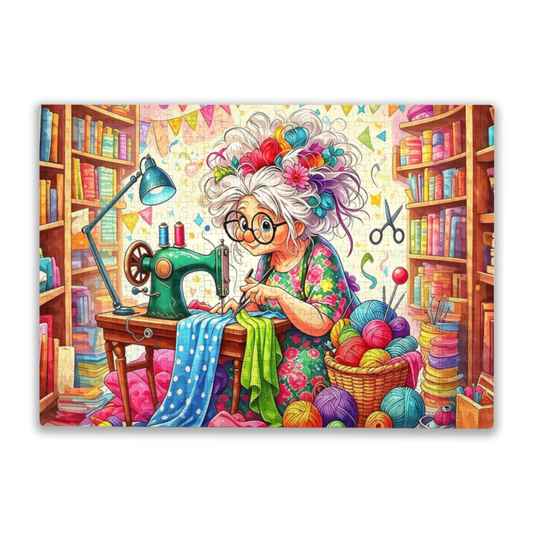 Whimsical Grandma Tailor Sewing Craft Room Jigsaw Puzzle | Colorful Yarn Vintage Sewing Cartoon Puzzle 300/500/1000pcs