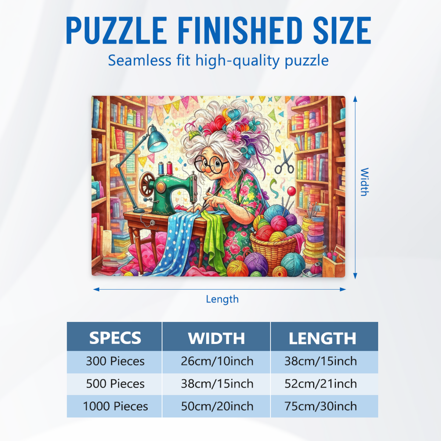 Whimsical Grandma Tailor Sewing Craft Room Jigsaw Puzzle | Colorful Yarn Vintage Sewing Cartoon Puzzle 300/500/1000pcs