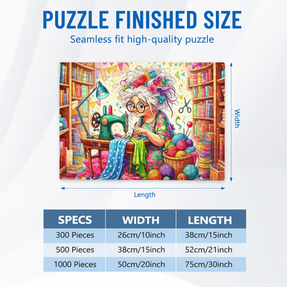 Whimsical Grandma Tailor Sewing Craft Room Jigsaw Puzzle | Colorful Yarn Vintage Sewing Cartoon Puzzle 300/500/1000pcs