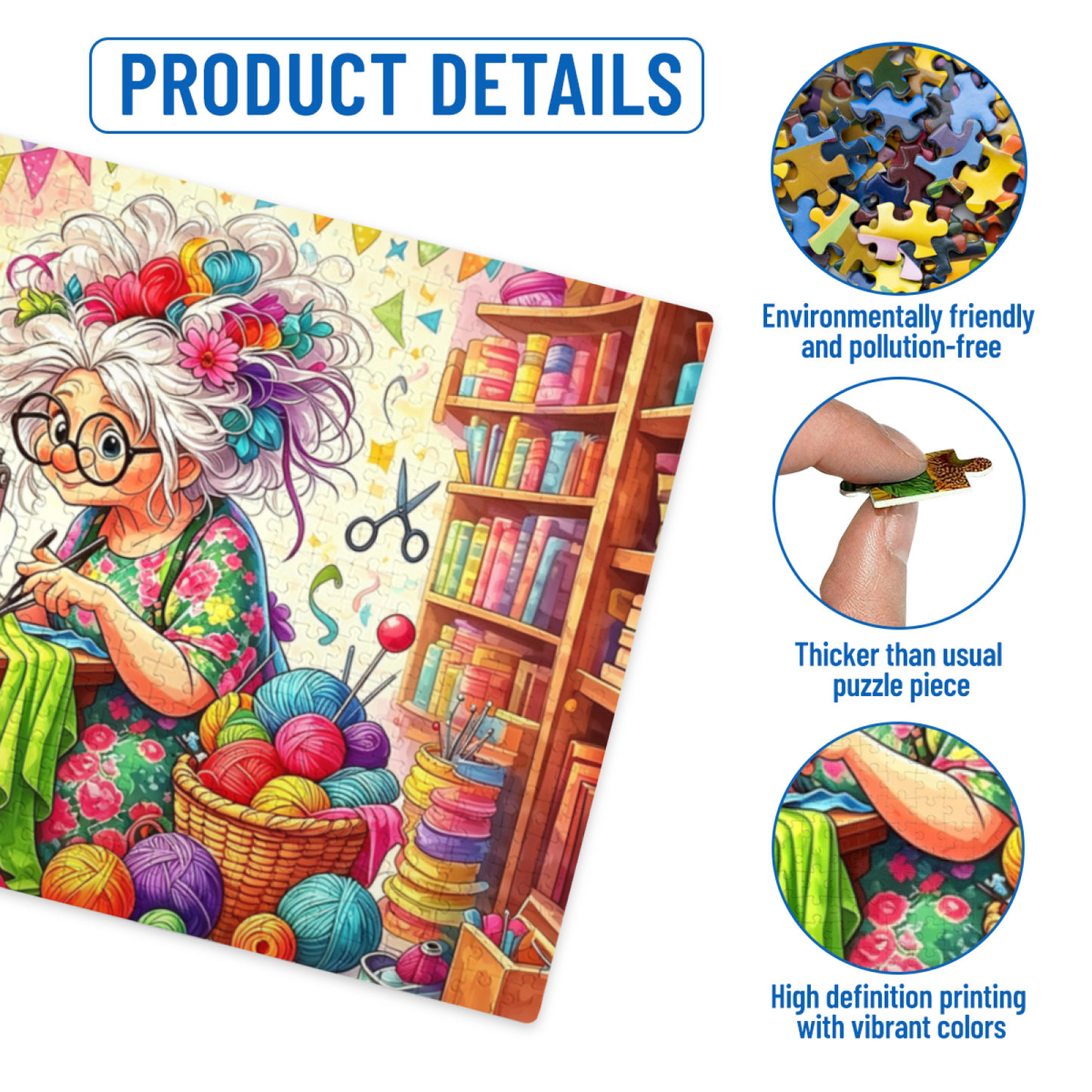 Whimsical Grandma Tailor Sewing Craft Room Jigsaw Puzzle | Colorful Yarn Vintage Sewing Cartoon Puzzle 300/500/1000pcs