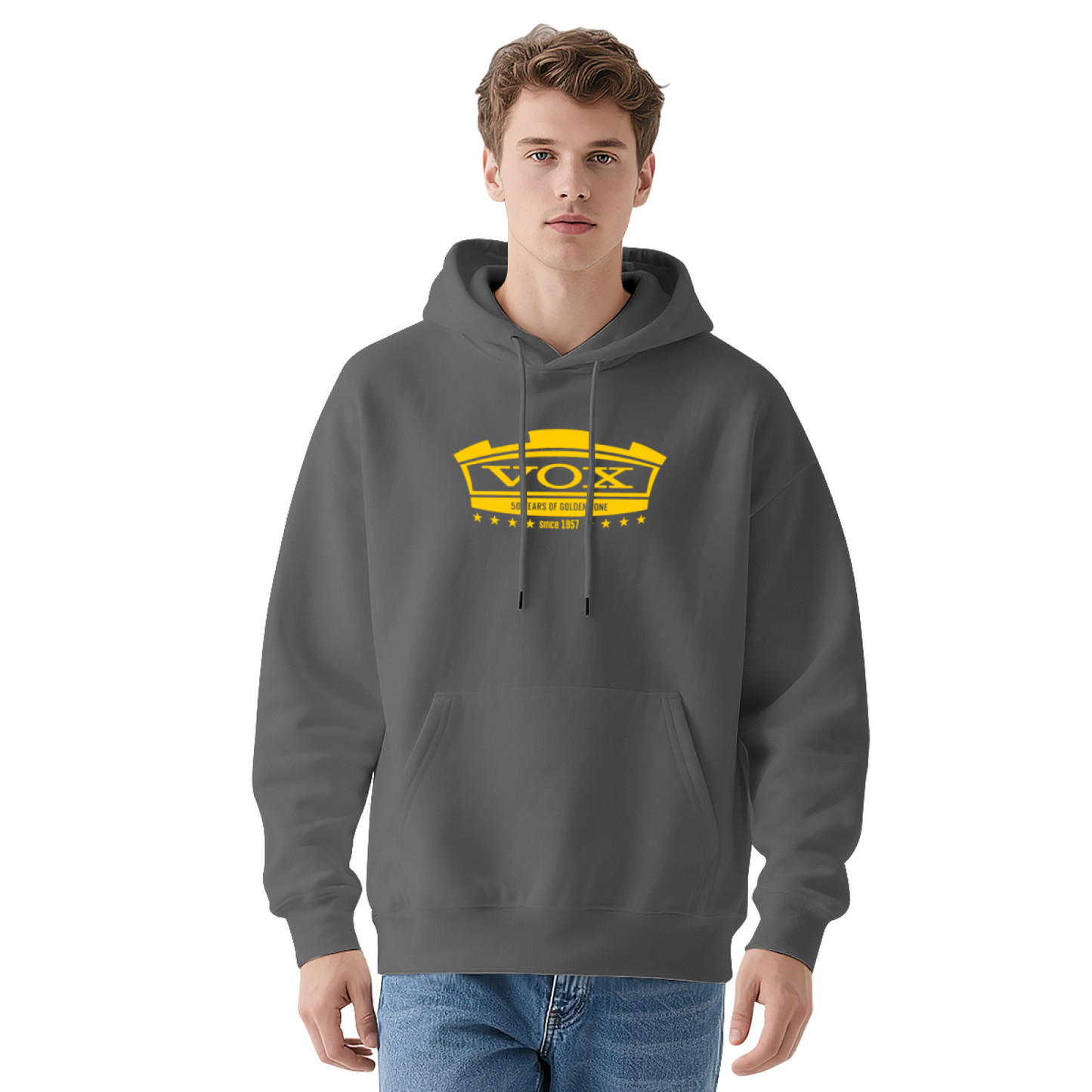 Retro VOX Since 1957 Golden Logo Hoodie, Soft Rock Music Lover Sweatshirt