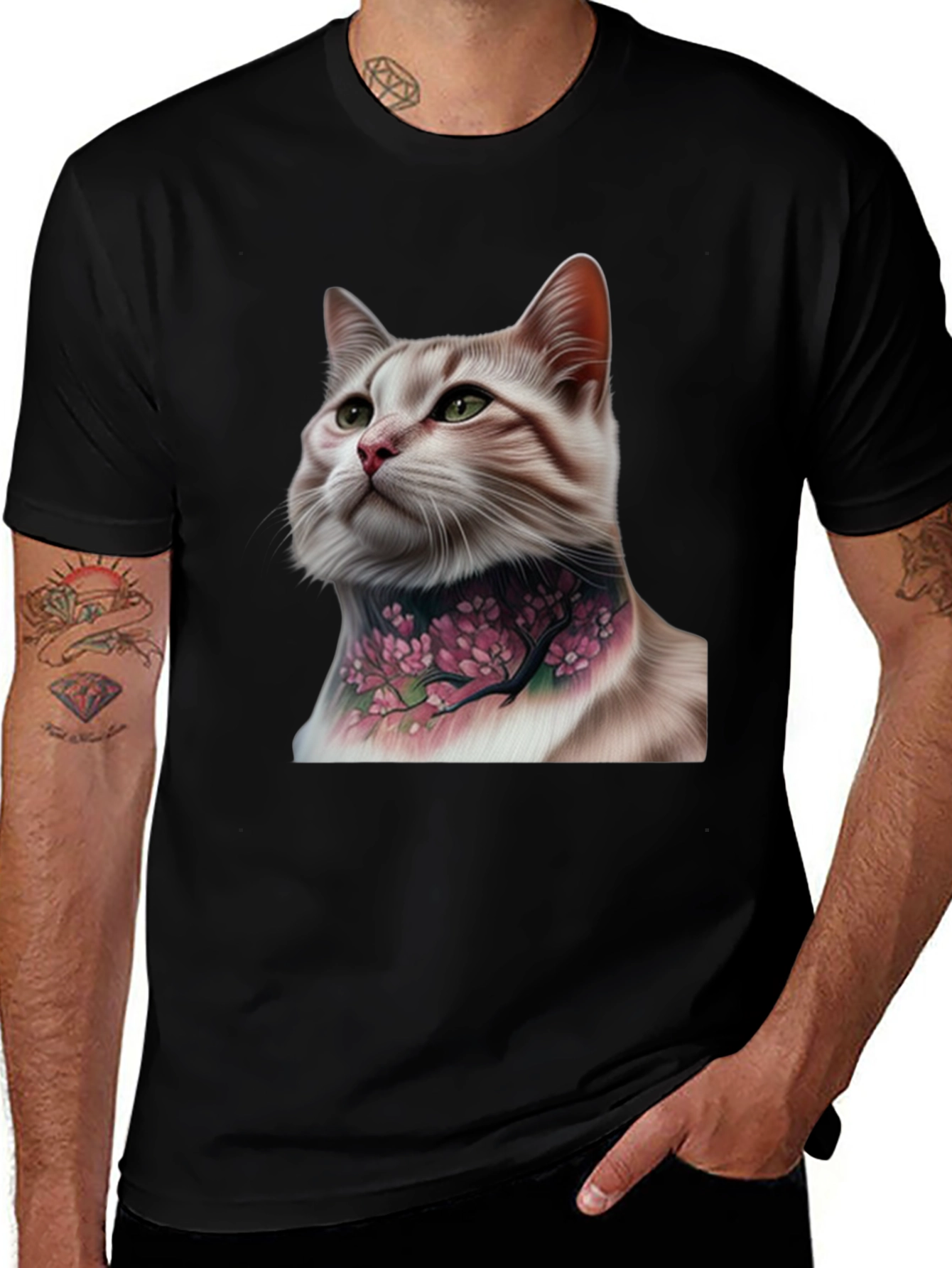 Cat with Floral Tattoo Graphic Tee