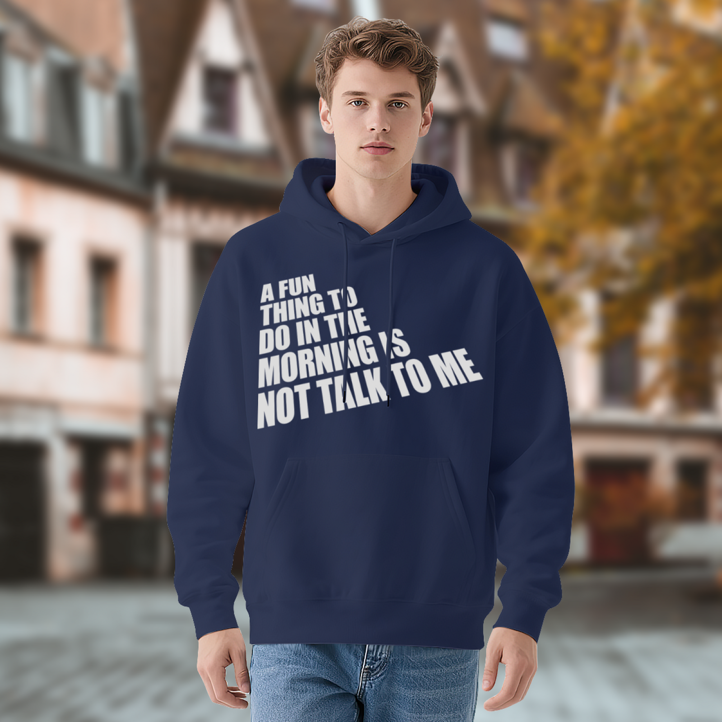 Morning Introvert Slogan Graphic Hoodie, Unisex Relaxed Comfort Navy Hooded Sweatshirt