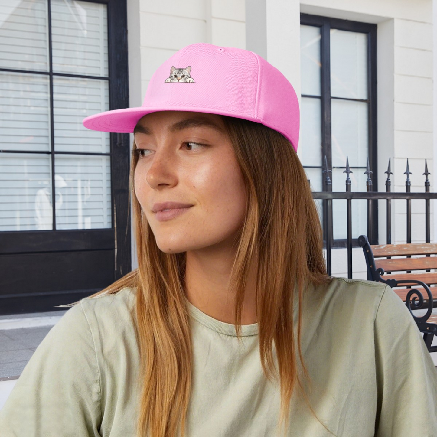 Adorable Peeking Tabby Cat Pink Cute Girl Flat Sun Hat